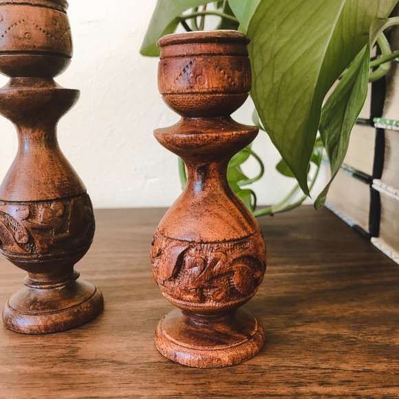 Vintage Engraved Wood Candlestick Set - Picture 3 of 3